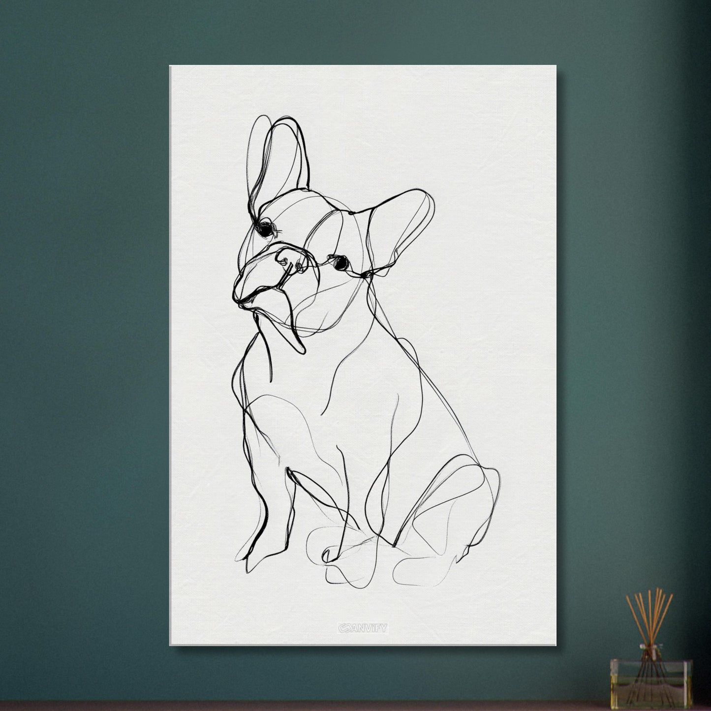 Französische Bulldogge gezeichnet mit einer Linie auf einer Leinwand