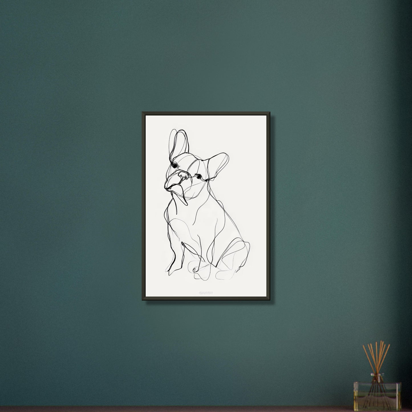 Französische Bulldogge gezeichnet mit einer Linie auf einem Poster im Metallrahmen