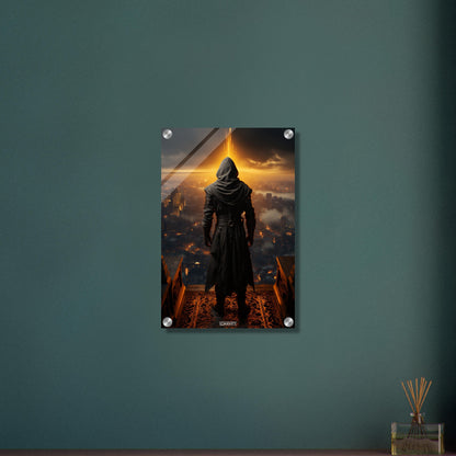 Geheimer Assassine aus Assassin's Creed über einer Stadt auf einem Acrylbild