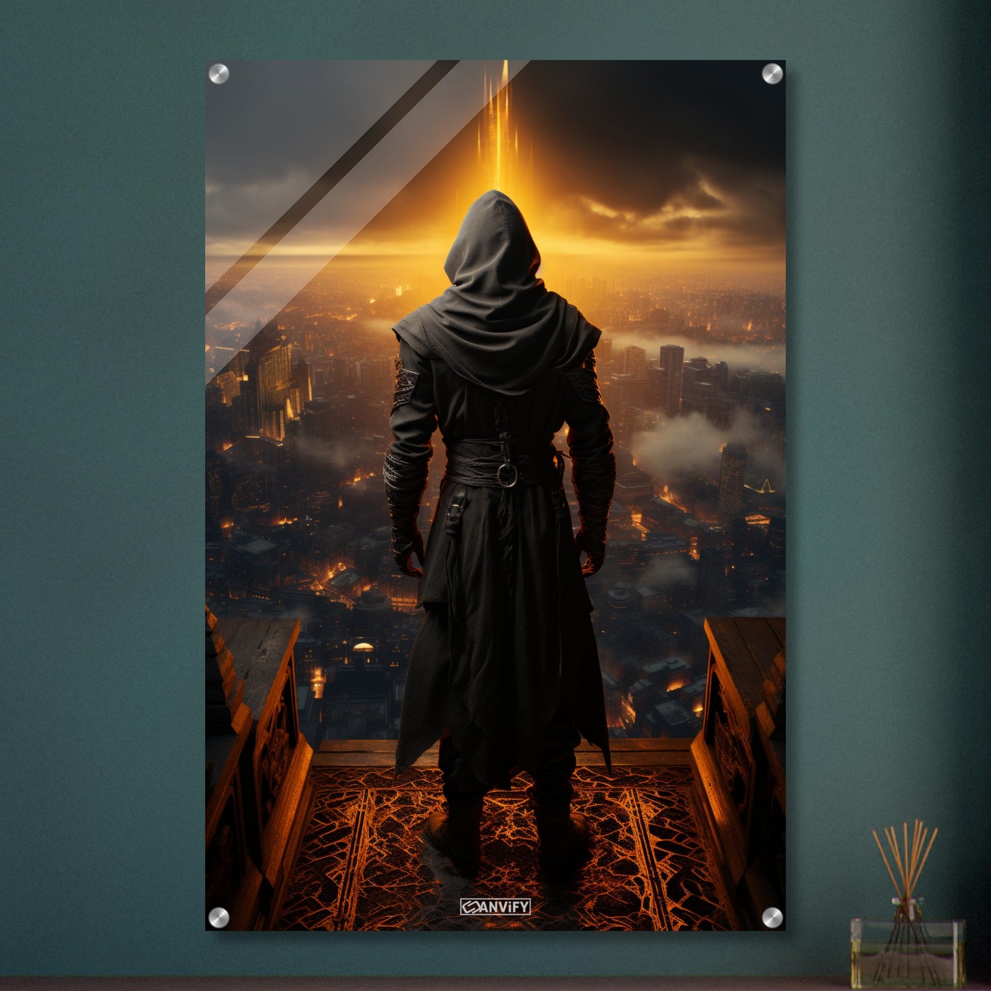 Geheimer Assassine aus Assassin's Creed über einer Stadt auf einem Acrylbild