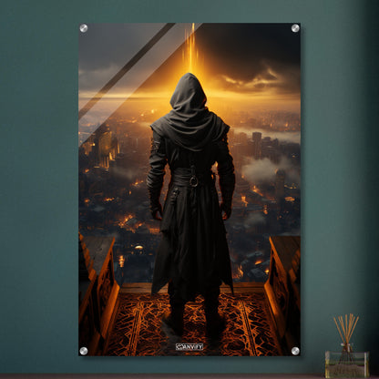 Geheimer Assassine aus Assassin's Creed über einer Stadt auf einem Acrylbild