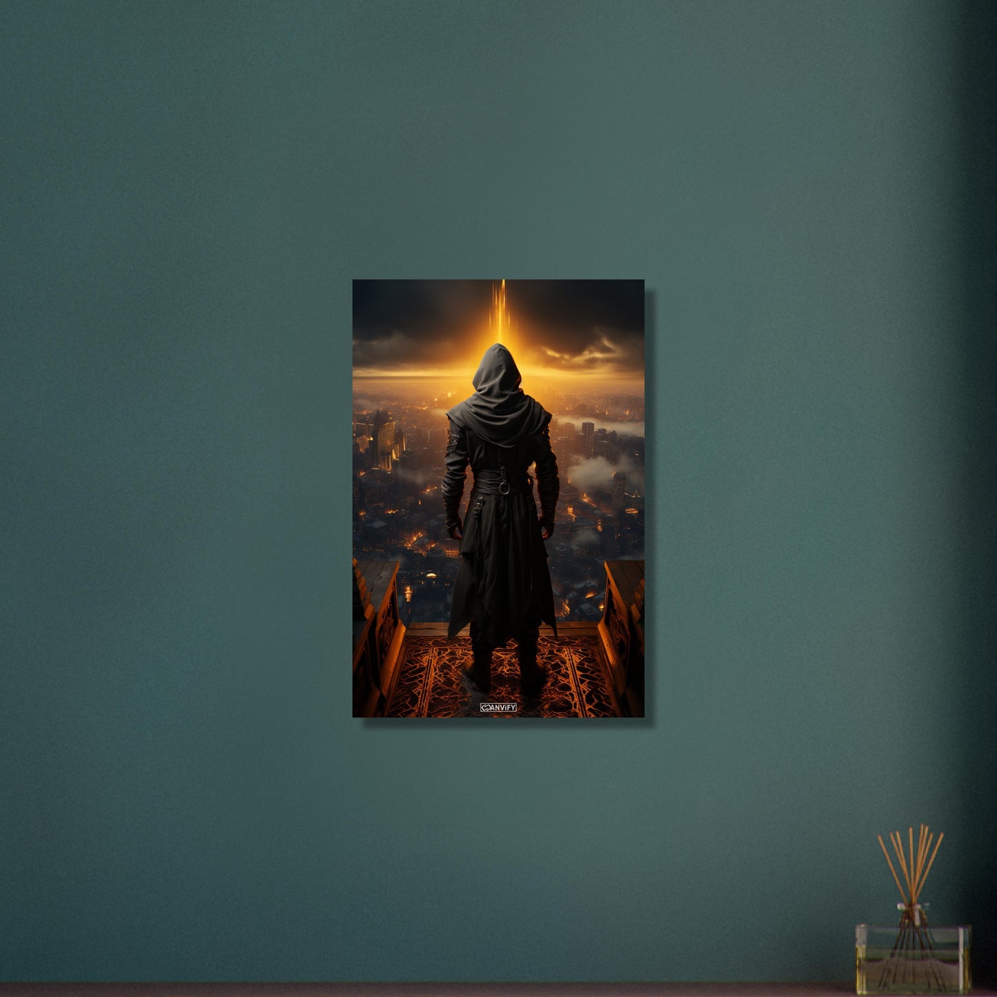 Geheimer Assassine aus Assassin's Creed über einer Stadt auf Aluminium