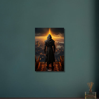 Geheimer Assassine aus Assassin's Creed über einer Stadt auf Aluminium