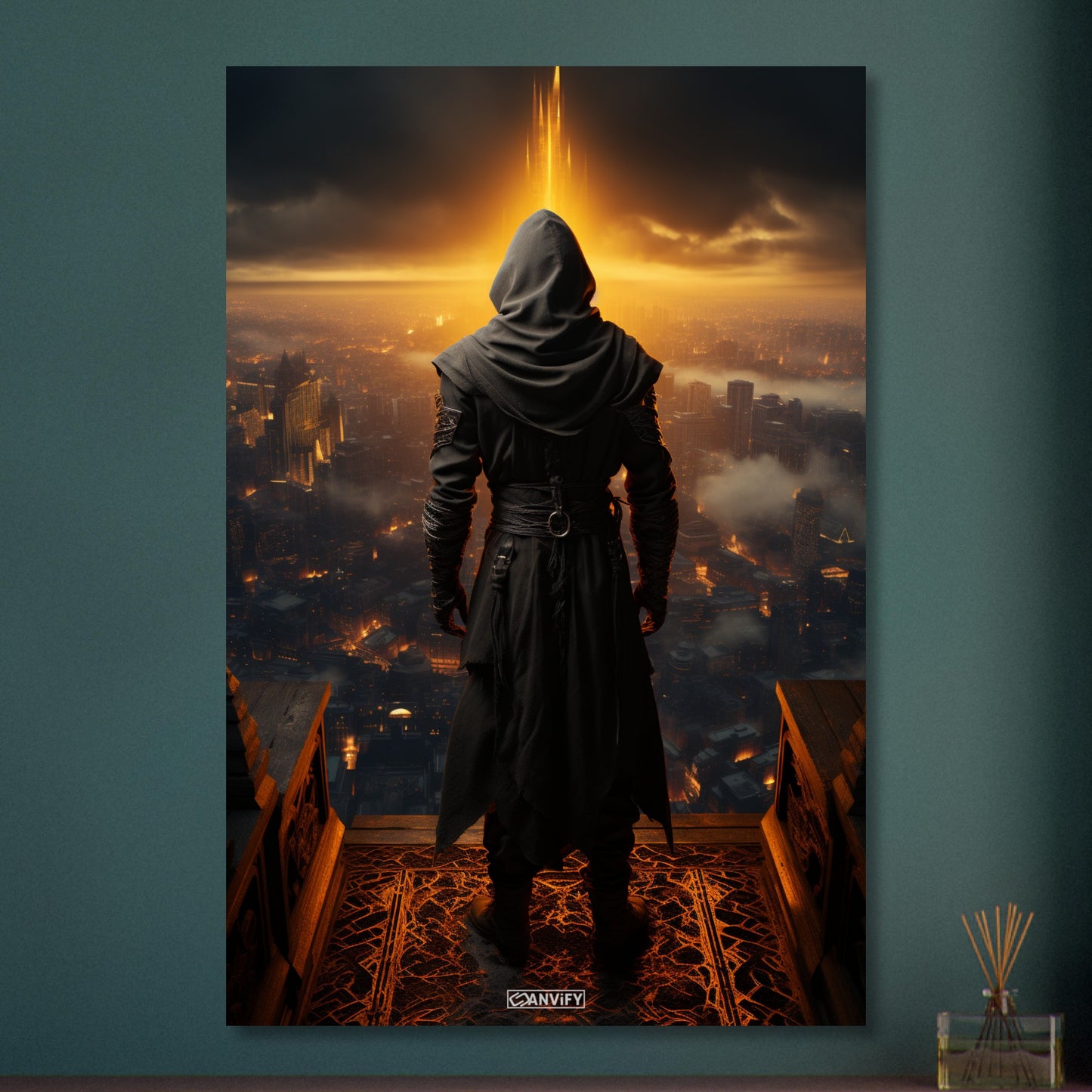 Geheimer Assassine aus Assassin's Creed über einer Stadt auf Aluminium