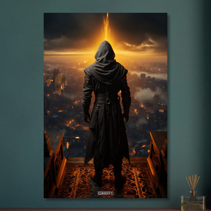 Geheimer Assassine aus Assassin's Creed über einer Stadt auf Aluminium