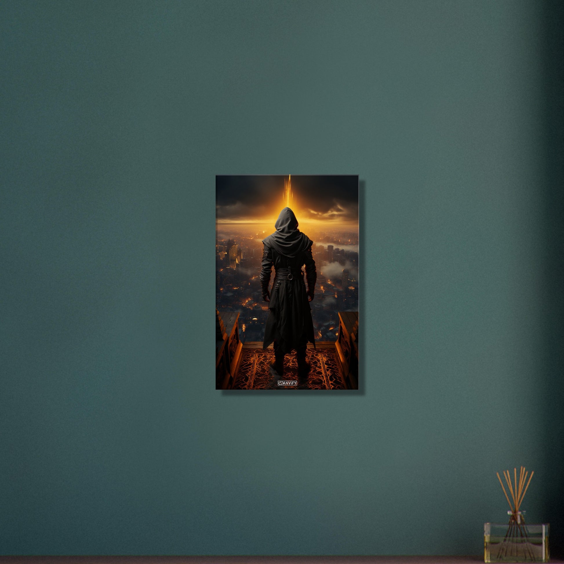 Geheimer Assassine aus Assassin's Creed über einer Stadt auf einer Leinwand