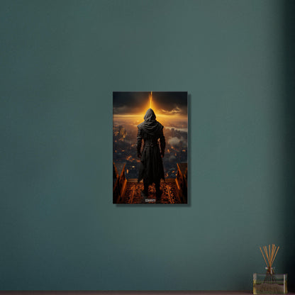 Geheimer Assassine aus Assassin's Creed über einer Stadt auf einer Leinwand
