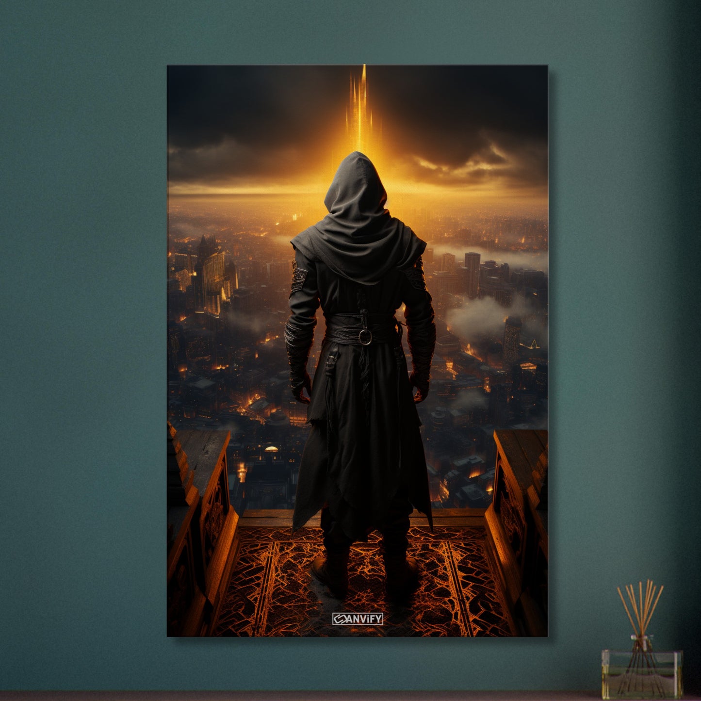 Geheimer Assassine aus Assassin's Creed über einer Stadt auf einer Leinwand