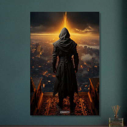 Geheimer Assassine aus Assassin's Creed über einer Stadt auf einer Leinwand