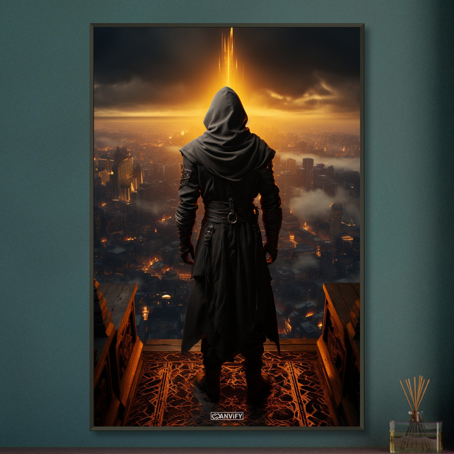 Geheimer Assassine aus Assassin's Creed über einer Stadt auf einem Poster im Metallrahmen