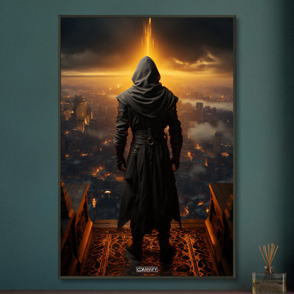 Geheimer Assassine aus Assassin's Creed über einer Stadt auf einem Poster im Metallrahmen