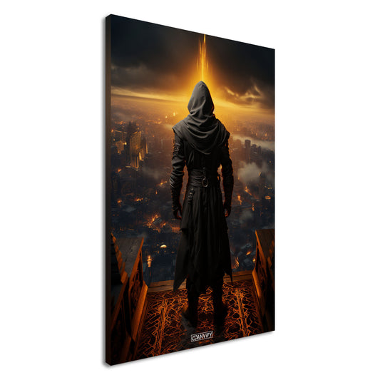 Geheimer Assassine aus Assassin's Creed über einer Stadt auf einer Leinwand
