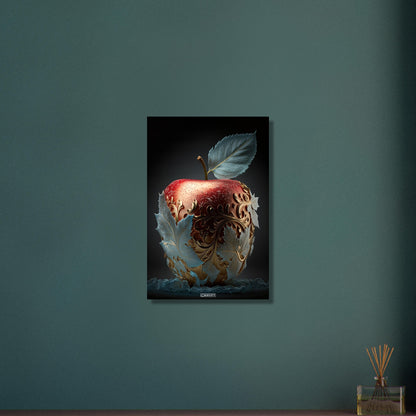Köstlicher roter Apfel mit Blättern aus Eis und goldenen Akzenten auf Aluminium