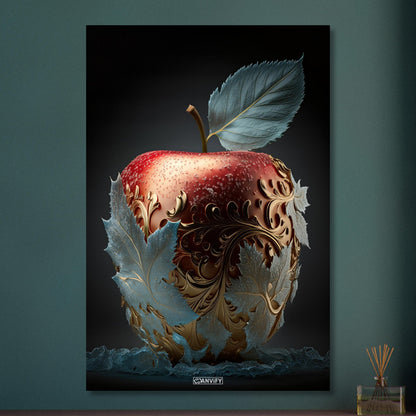 Köstlicher roter Apfel mit Blättern aus Eis und goldenen Akzenten auf Aluminium