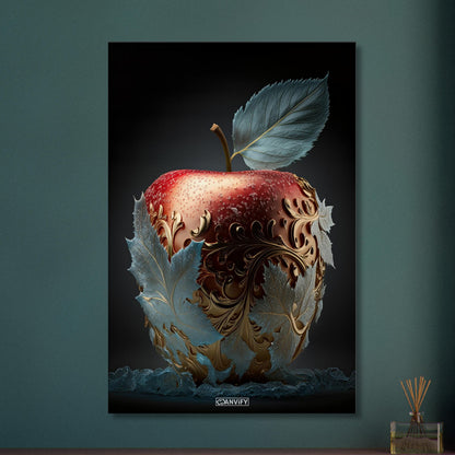 Köstlicher roter Apfel mit Blättern aus Eis und goldenen Akzenten auf einer Leinwand