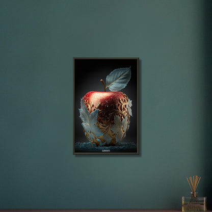 Köstlicher roter Apfel mit Blättern aus Eis und goldenen Akzenten auf einem Poster im Metallrahmen