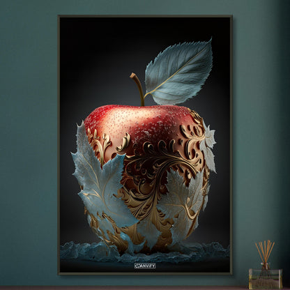 Köstlicher roter Apfel mit Blättern aus Eis und goldenen Akzenten auf einem Poster im Metallrahmen