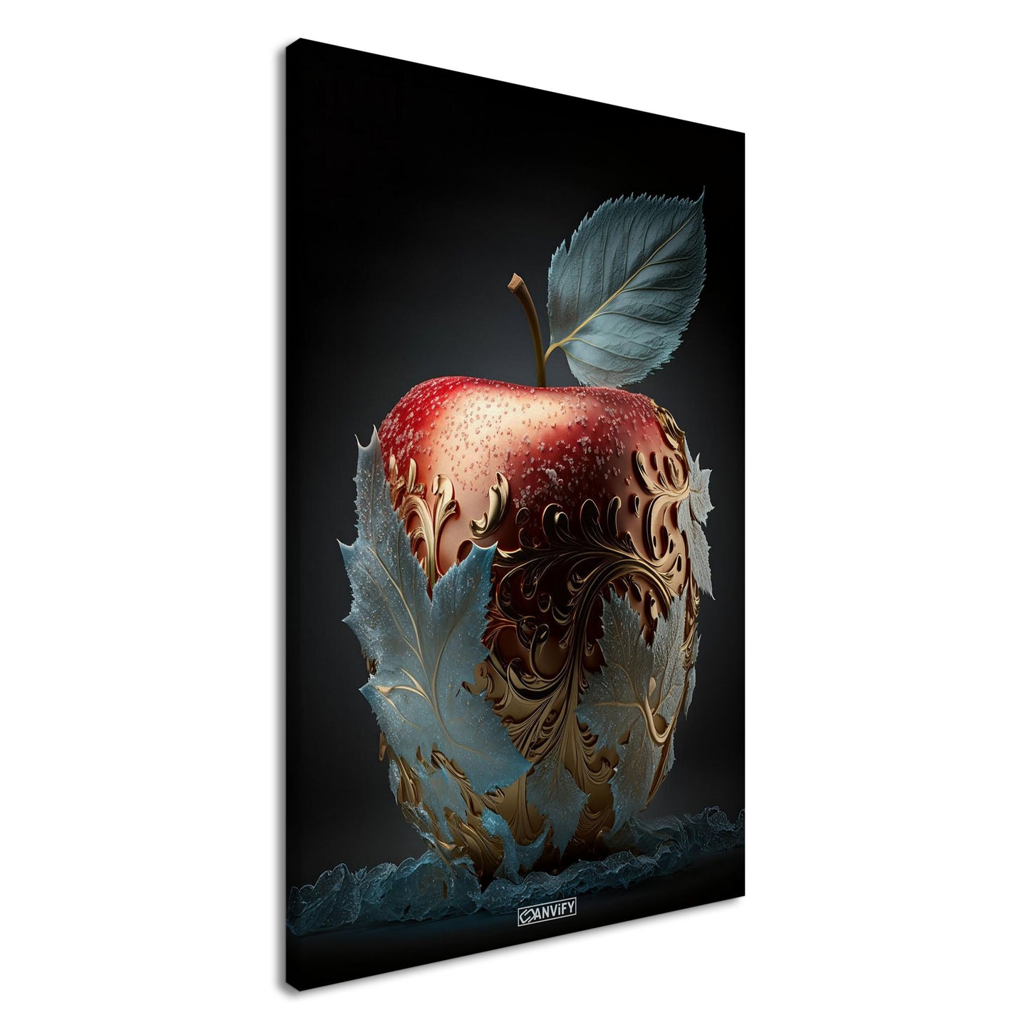 Köstlicher roter Apfel mit Blättern aus Eis und goldenen Akzenten auf einer Leinwand
