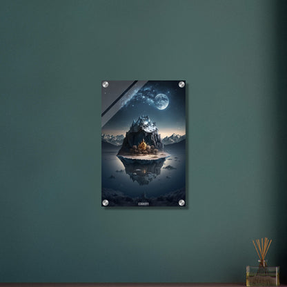 Leuchtendes Schloss auf einer Insel mit Schnee im Wasser unter einem Vollmond auf einem Acrylbild