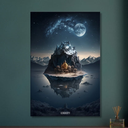Leuchtendes Schloss auf einer Insel mit Schnee im Wasser unter einem Vollmond auf einer Leinwand