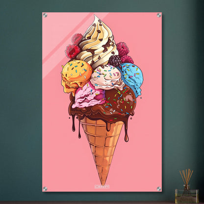 Exotische Fruchteiscreme mit frischen Himbeeren und Schokolade auf einem Acrylbild