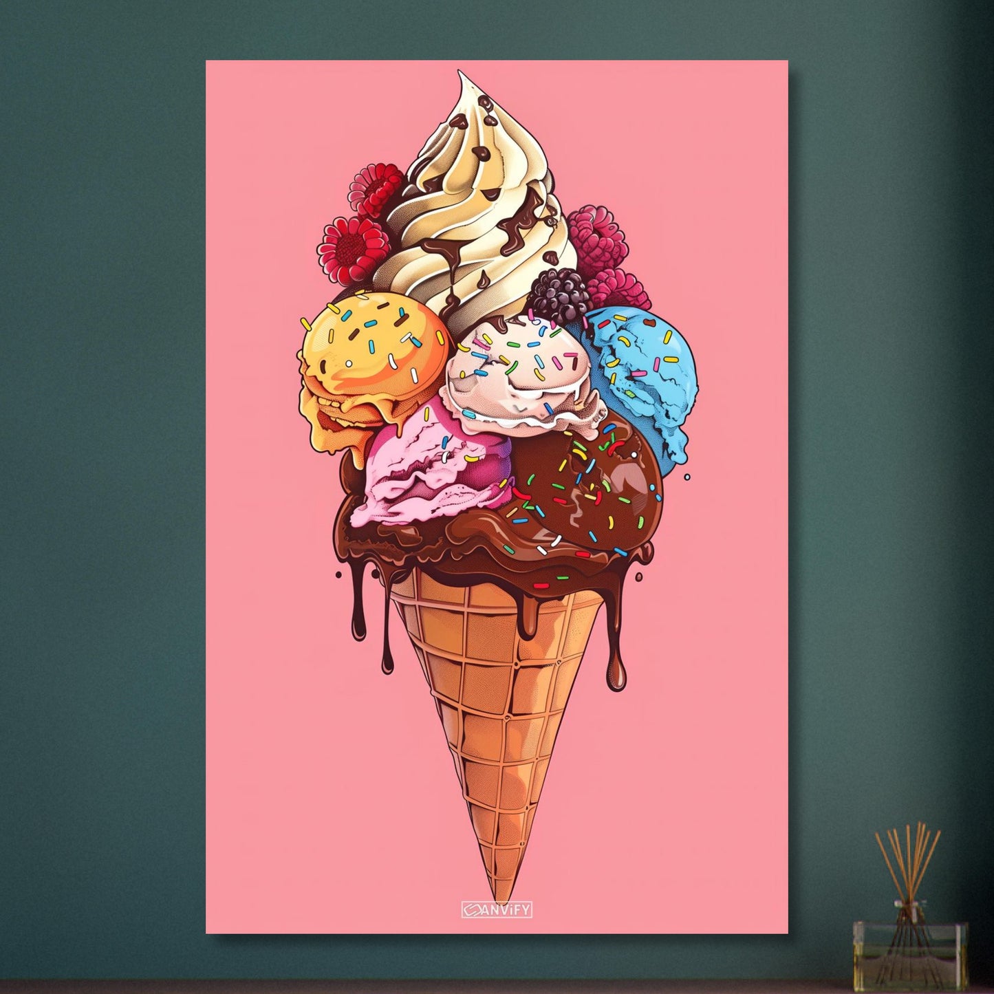 Exotische Fruchteiscreme mit frischen Himbeeren und Schokolade auf Aluminium