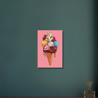 Exotische Fruchteiscreme mit frischen Himbeeren und Schokolade auf einer Leinwand