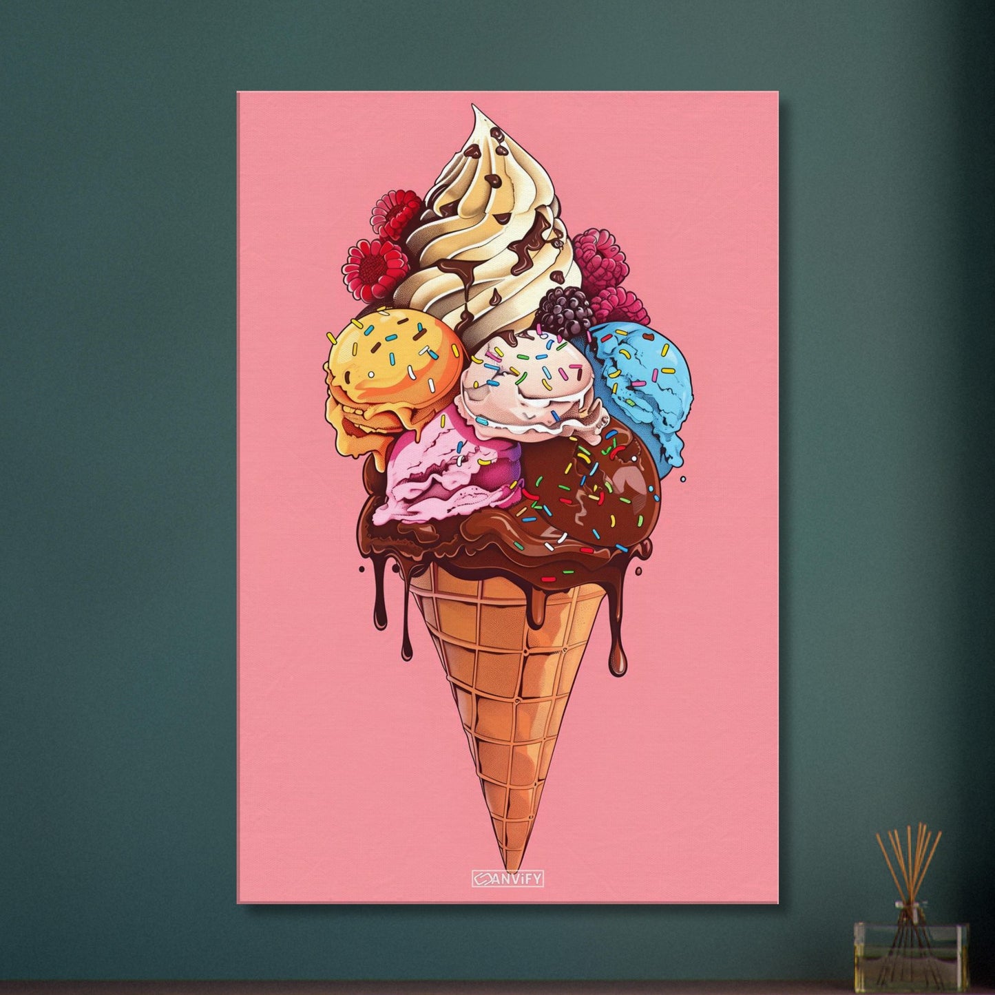 Exotische Fruchteiscreme mit frischen Himbeeren und Schokolade auf einer Leinwand