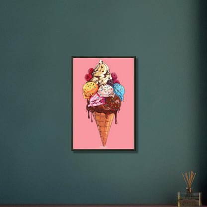 Exotische Fruchteiscreme mit frischen Himbeeren und Schokolade auf einem Poster im Metallrahmen