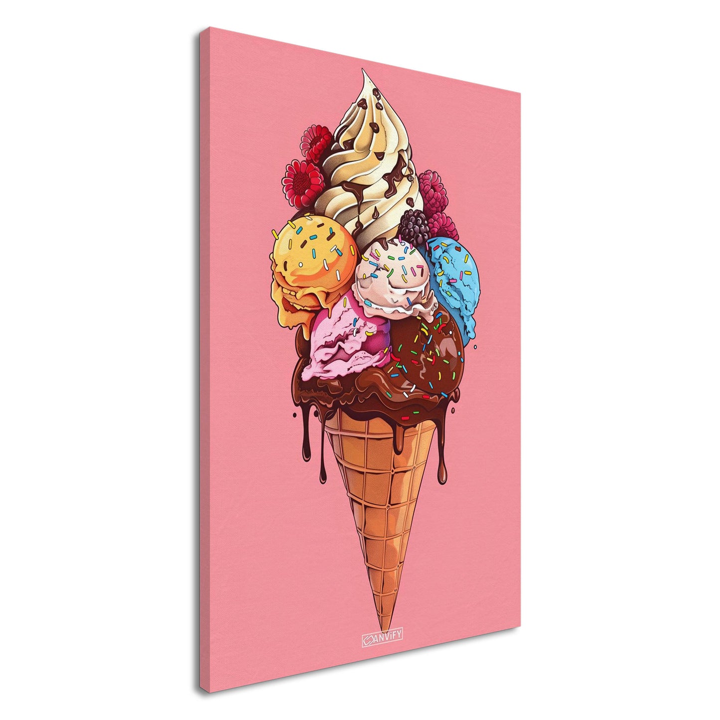 Exotische Fruchteiscreme mit frischen Himbeeren und Schokolade auf einer Leinwand