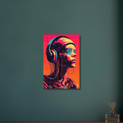 Frau mit Kopfhörern im Pop Art Stil auf Aluminium