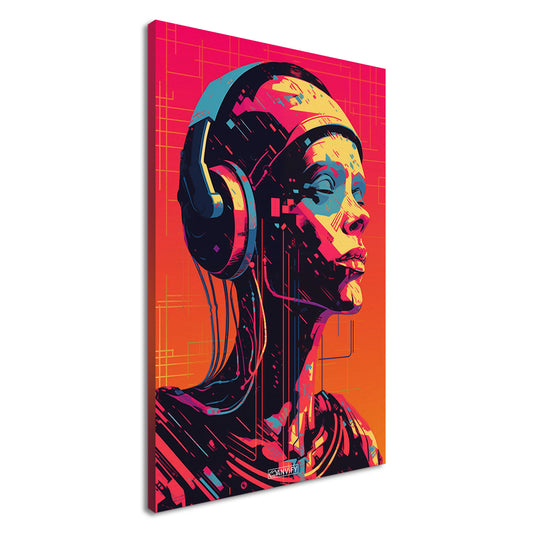 Frau mit Kopfhörern im Pop Art Stil auf einer Leinwand