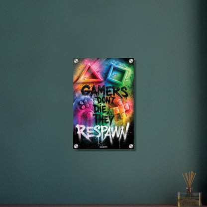 Playstation Controller mit Symbolen und Spruch 'Gamers Don't Die They Respawn' im Graffiti Street Art Stil mit bunten Farben auf einem Acrylbild