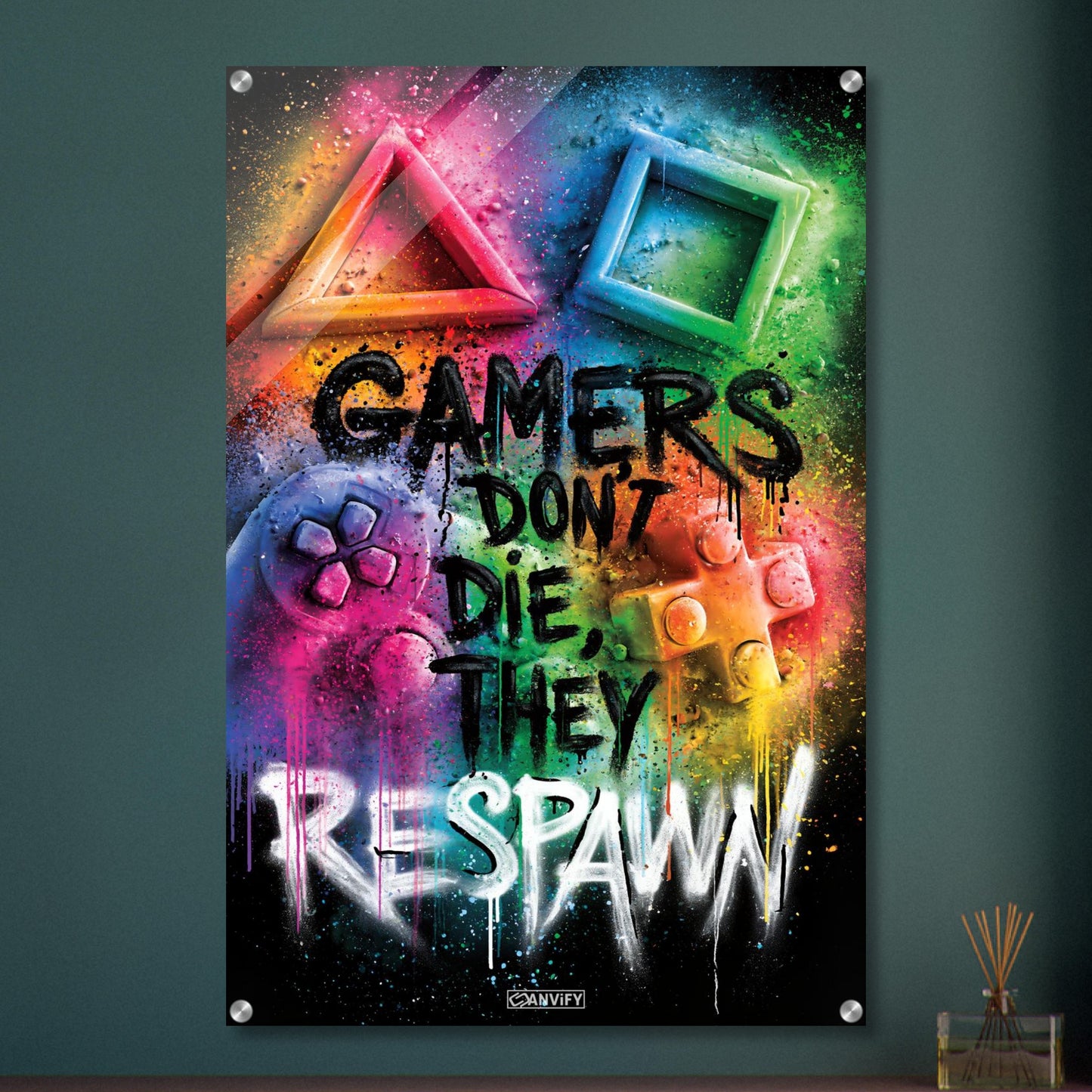 Playstation Controller mit Symbolen und Spruch 'Gamers Don't Die They Respawn' im Graffiti Street Art Stil mit bunten Farben auf einem Acrylbild
