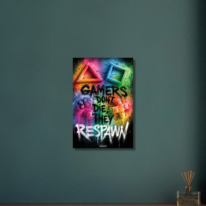 Playstation Controller mit Symbolen und Spruch 'Gamers Don't Die They Respawn' im Graffiti Street Art Stil mit bunten Farben auf Aluminium