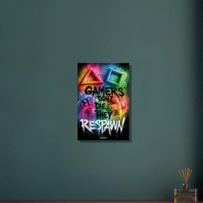 Playstation Controller mit Symbolen und Spruch 'Gamers Don't Die They Respawn' im Graffiti Street Art Stil mit bunten Farben auf einer Leinwand