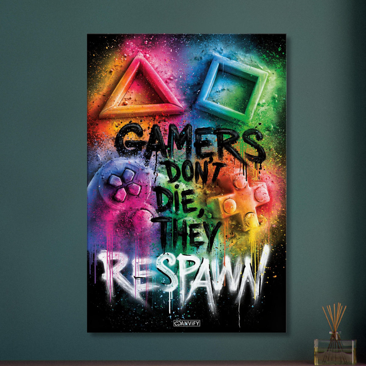 Playstation Controller mit Symbolen und Spruch 'Gamers Don't Die They Respawn' im Graffiti Street Art Stil mit bunten Farben auf einer Leinwand