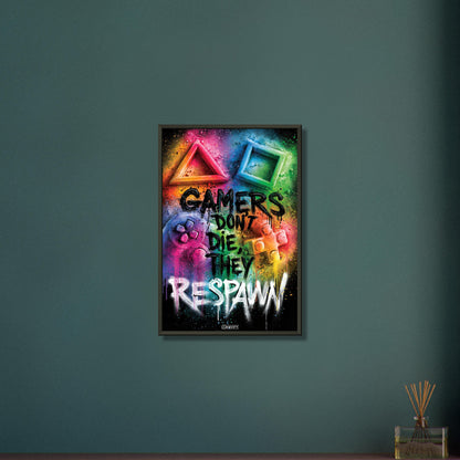 Playstation Controller mit Symbolen und Spruch 'Gamers Don't Die They Respawn' im Graffiti Street Art Stil mit bunten Farben auf einem Poster im Metallrahmen