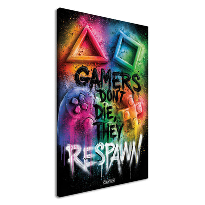 Playstation Controller mit Symbolen und Spruch 'Gamers Don't Die They Respawn' im Graffiti Street Art Stil mit bunten Farben auf einer Leinwand