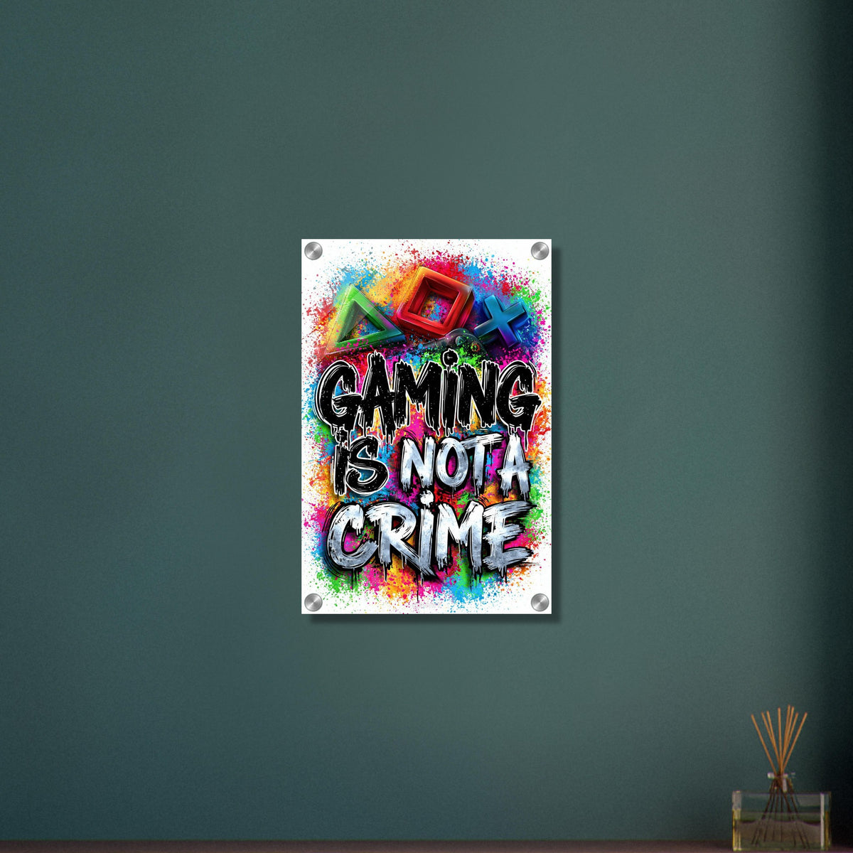 Playstation Symbole mit Controller in bunten Farben mit einem Spruch 'Gaming Is Not A Crime' im Graffiti Street Art Stil auf einem Acrylbild