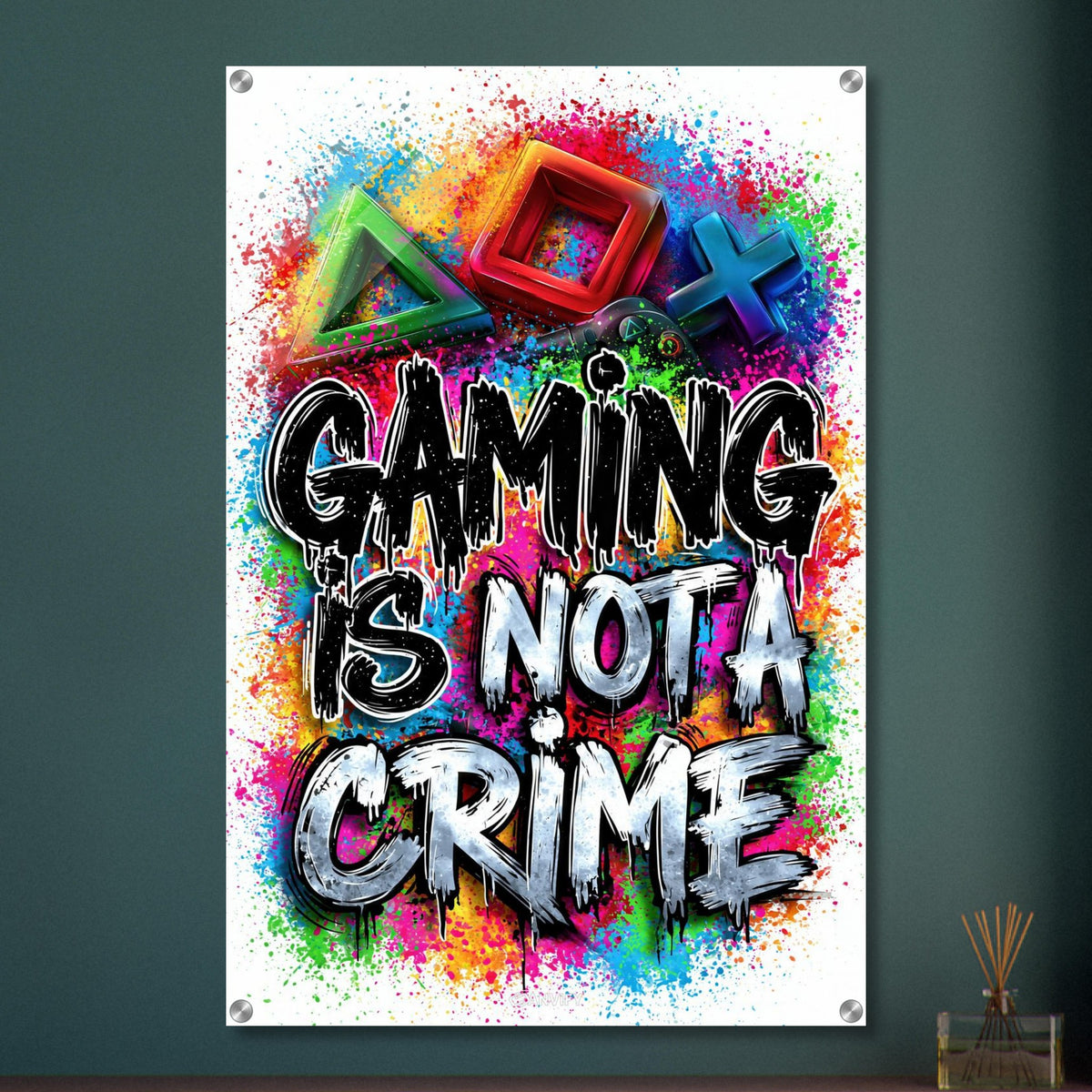 Playstation Symbole mit Controller in bunten Farben mit einem Spruch 'Gaming Is Not A Crime' im Graffiti Street Art Stil auf einem Acrylbild