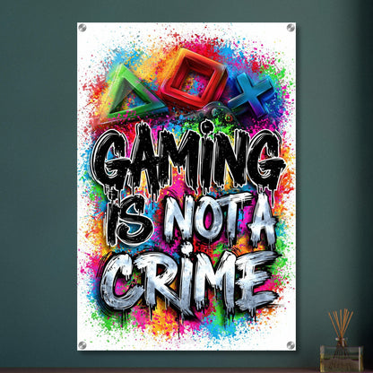 Playstation Symbole mit Controller in bunten Farben mit einem Spruch 'Gaming Is Not A Crime' im Graffiti Street Art Stil auf einem Acrylbild