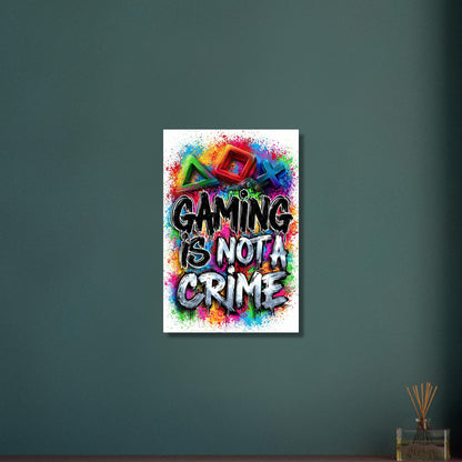 Playstation Symbole mit Controller in bunten Farben mit einem Spruch 'Gaming Is Not A Crime' im Graffiti Street Art Stil auf Aluminium