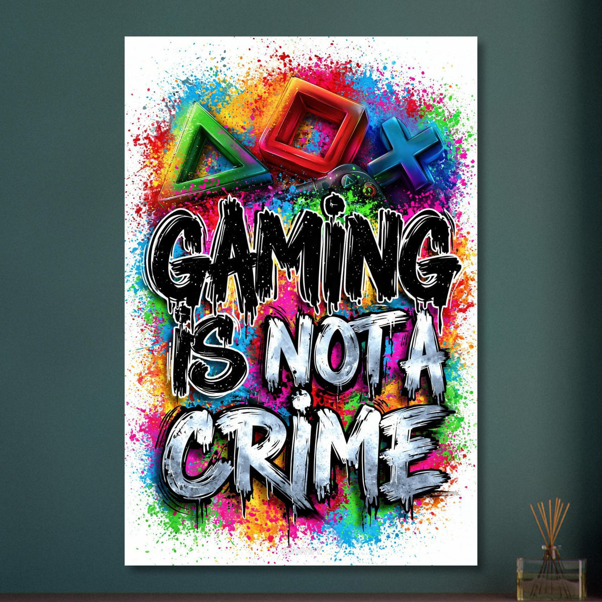 Playstation Symbole mit Controller in bunten Farben mit einem Spruch 'Gaming Is Not A Crime' im Graffiti Street Art Stil auf Aluminium