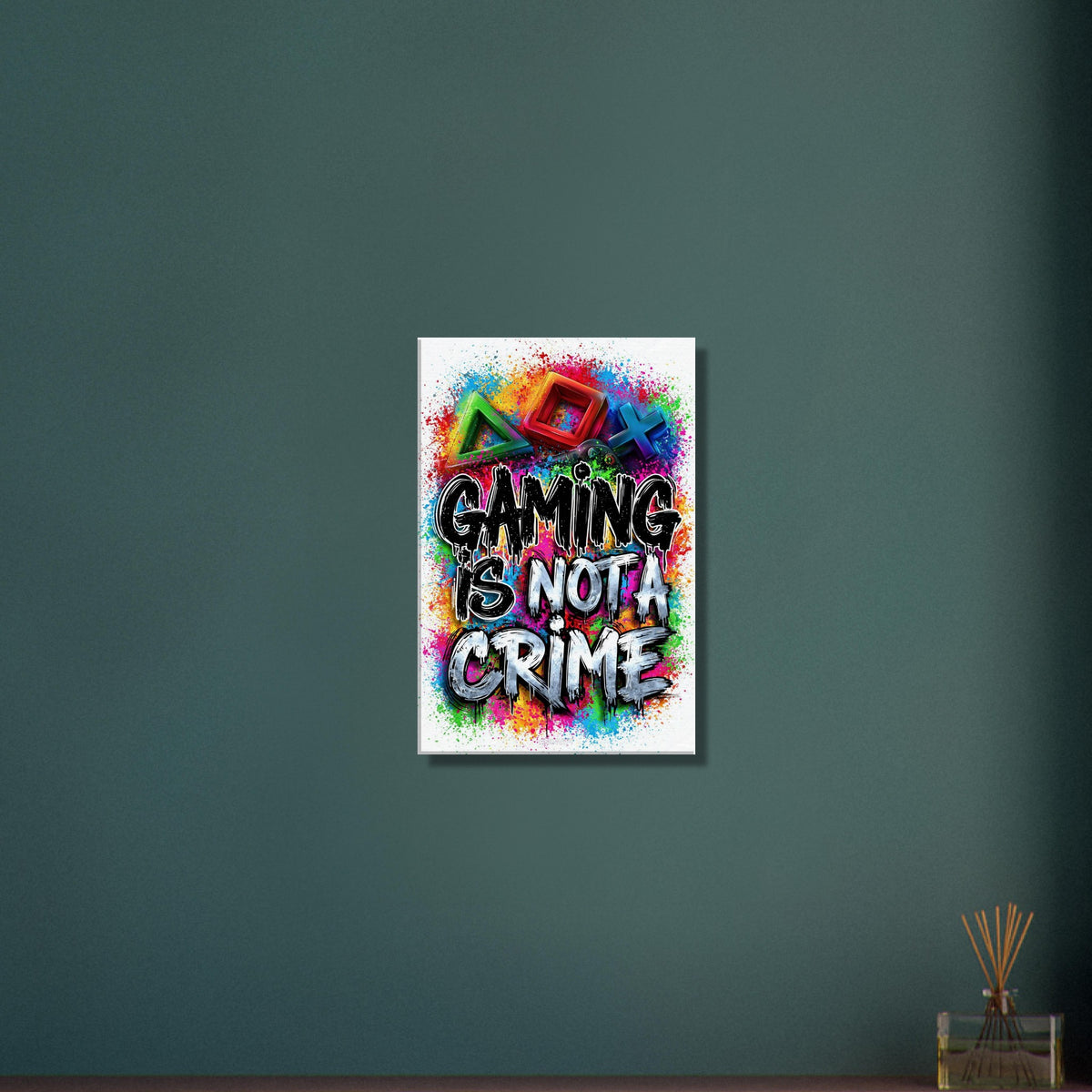 Playstation Symbole mit Controller in bunten Farben mit einem Spruch 'Gaming Is Not A Crime' im Graffiti Street Art Stil auf einer Leinwand