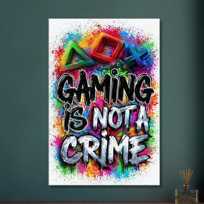 Playstation Symbole mit Controller in bunten Farben mit einem Spruch 'Gaming Is Not A Crime' im Graffiti Street Art Stil auf einer Leinwand