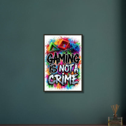 Playstation Symbole mit Controller in bunten Farben mit einem Spruch 'Gaming Is Not A Crime' im Graffiti Street Art Stil auf einem Poster im Metallrahmen