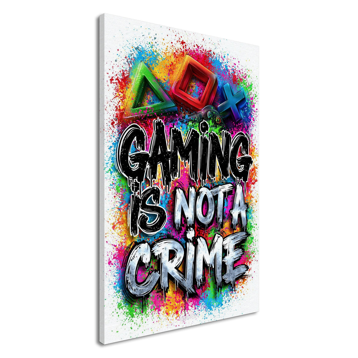 Playstation Symbole mit Controller in bunten Farben mit einem Spruch 'Gaming Is Not A Crime' im Graffiti Street Art Stil auf einer Leinwand
