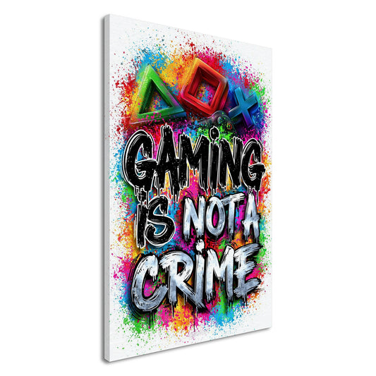 Playstation Symbole mit Controller in bunten Farben mit einem Spruch 'Gaming Is Not A Crime' im Graffiti Street Art Stil auf einer Leinwand