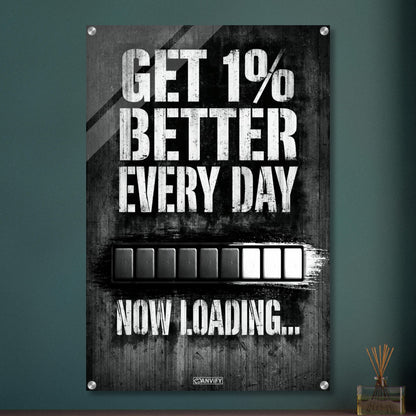 Motivationsspruch mit Ladebalken 'Get 1% Better Every Day' auf einem Acrylbild